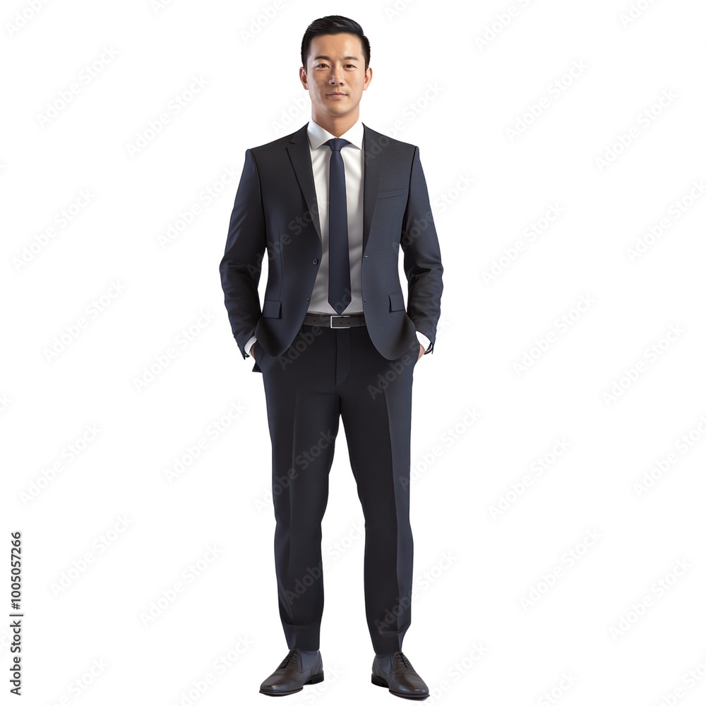 Poster a man in a suit and tie stands in front of a white background