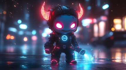 Naklejka premium Cyberpunk Demon Character with Glowing Horns in a Neon City
