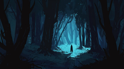 A visual of a person walking into a dark, ominous forest, surrounded by shadows, representing fear of darkness.