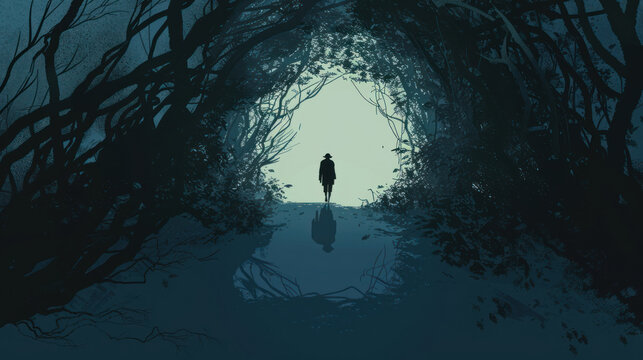 A visual of a person walking into a dark, ominous forest, surrounded by shadows, representing fear of darkness.