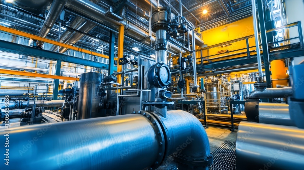 Poster exploring a vast and complex machine room filled with advanced industrial machinery equipment explor