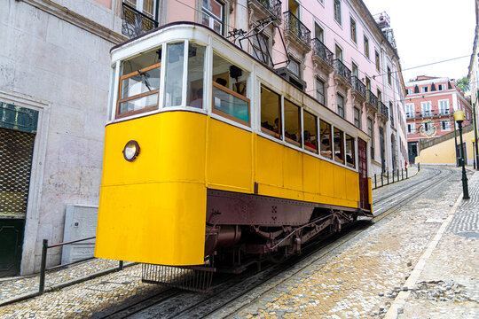 Funicular tram at Gloria Elevador route in Lisbon, Portugal