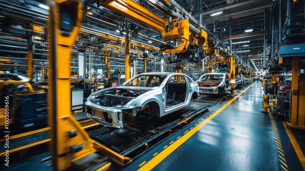 Poster detailed overview of the complex process involved in car assembly on a modern production line overvi