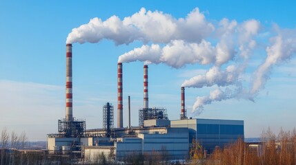 industrial factory surrounded by blue sky and emitting smoke from tall stacks, air pollution