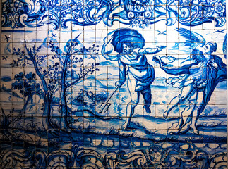 Fototapeta premium Traditional Portuguese tiles called azulejo, as seen in museum in Lisbon, Portugal