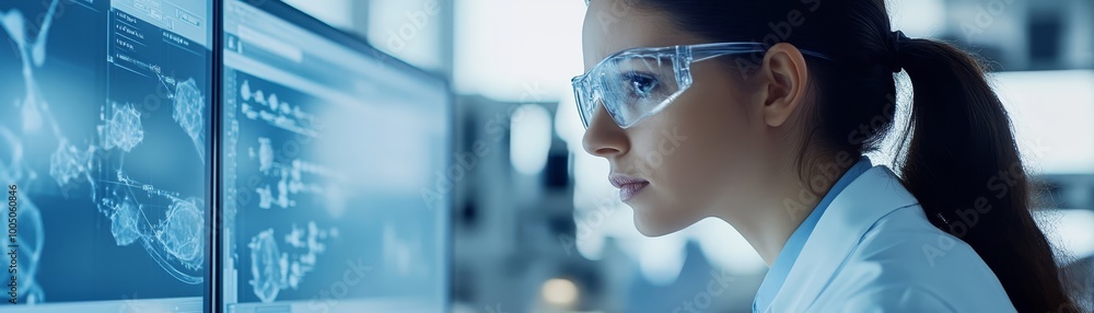 Poster professional woman in a lab coat engaged in scientific research while analyzing data on computer scr