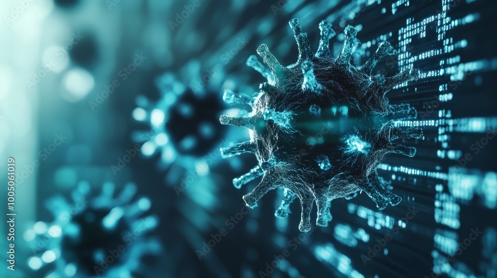 Aufkleber a close encounter with blue virus displayed on computer screen infected by malware