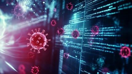 Fototapeta premium Visual representation of a computer screen displaying red and blue digital virus threat in cybersecurity