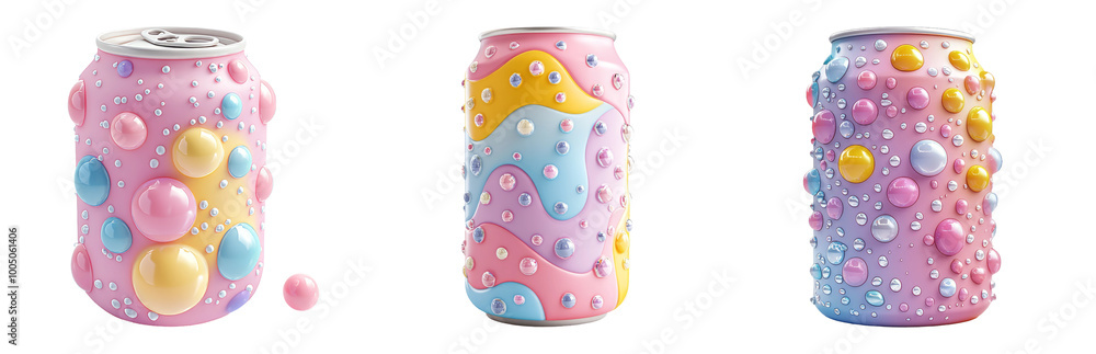 Wall mural colorful cans with bubbles and patterns isolated on transparent background