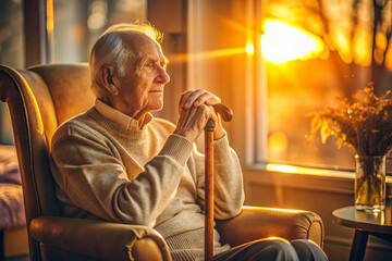 thoughtful elderly man sits in cozy armchair, enjoying sunset