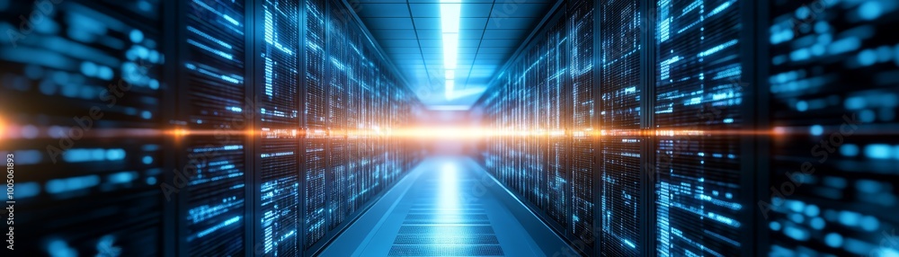 Aufkleber exploring a vast long hallway filled with rows of hightech servers in modern data center
