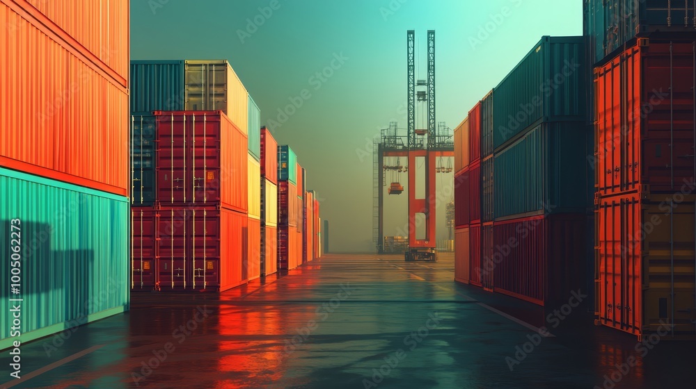 Poster a long row of shipping containers stacked neatly at busy port for global trade transport long long r