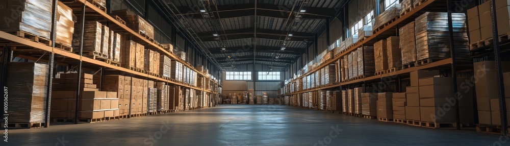Poster expansive warehouse space filled with numerous boxes and goods for efficient logistics distribution 