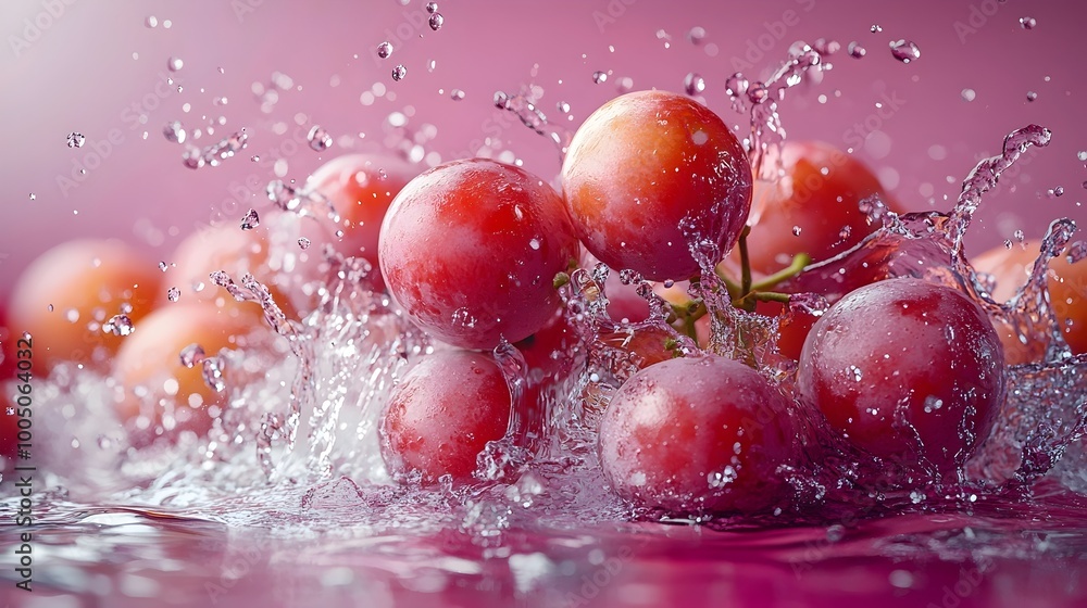 Aufkleber a cluster of red grapes splashes into a pool of water, creating a vibrant and refreshing scene.