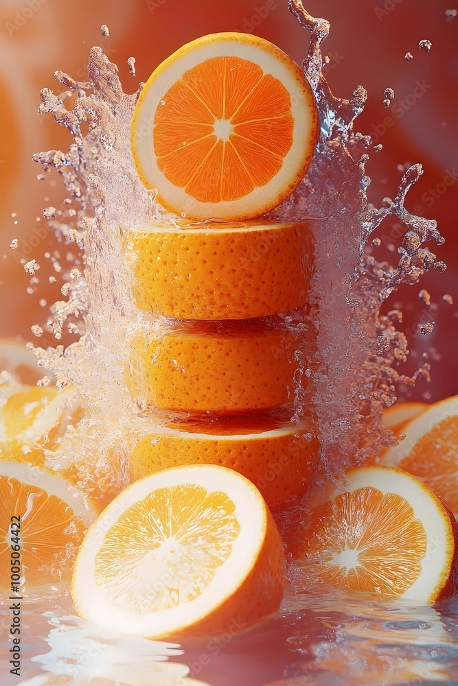 Poster a stack of juicy oranges with a splash of water creates a refreshing and vibrant image.