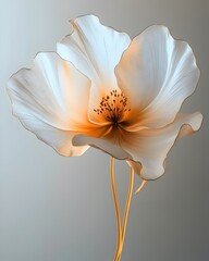 A delicate white flower with golden stems against a soft gray background.