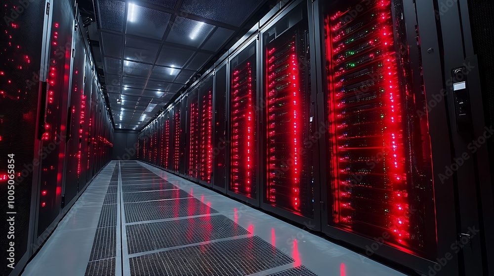 Poster server room with rows of flashing red lights and metal servers
