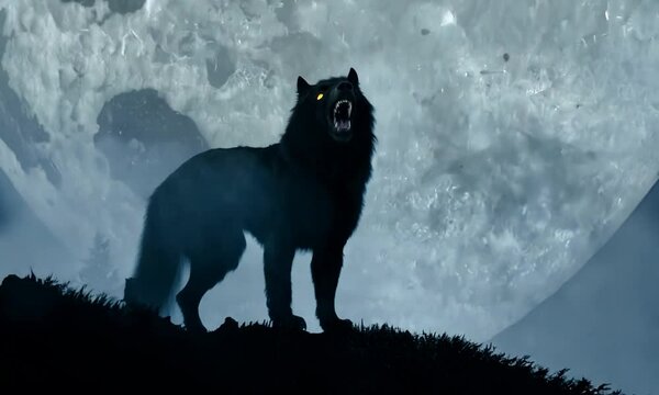 Dog is standing on a rock in front of a large moon. hyperrealistic Video