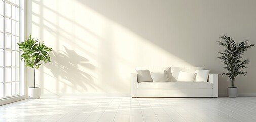Fototapeta premium Modern living room with white sofa and green plants illuminated by natural light.