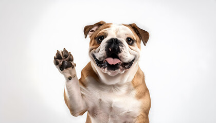 Fototapeta premium Bulldog raising its paw and looking towards the front of the camera with ears perked up