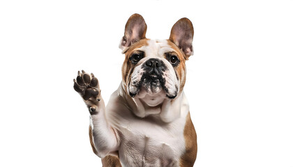 An adult Bulldog raising its paw and looking towards the front of the camera with ears perked up