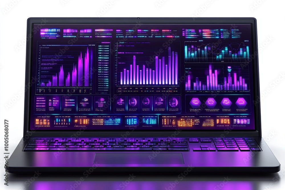 Poster a sleek laptop displaying vibrant data visualizations and analytics against a dark background in a m