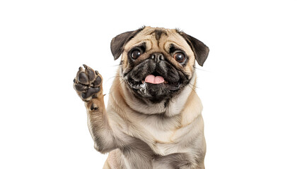 Cute Pug dog raising its paw and looking towards the front of the camera on white background