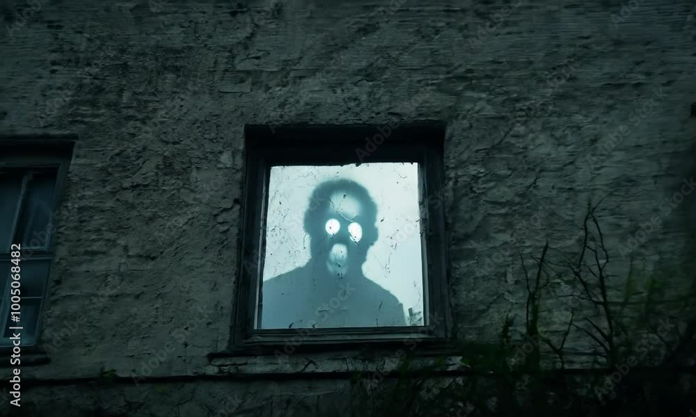 Poster creepy house with a window that is open and a man in a mask looking out. hyperrealistic video