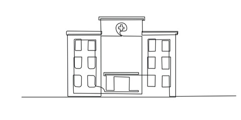 continuous line of hospital building.flat one line drawing of hospital seen from the front.single line vector illustration.isolated white background