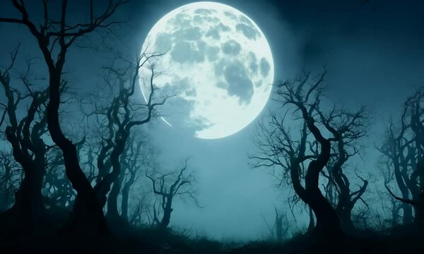 Large, bright moon is shining in the sky above a forest of dead trees. hyperrealistic Video
