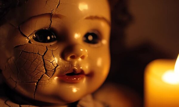 Doll with a broken face and a smile. hyperrealistic Video