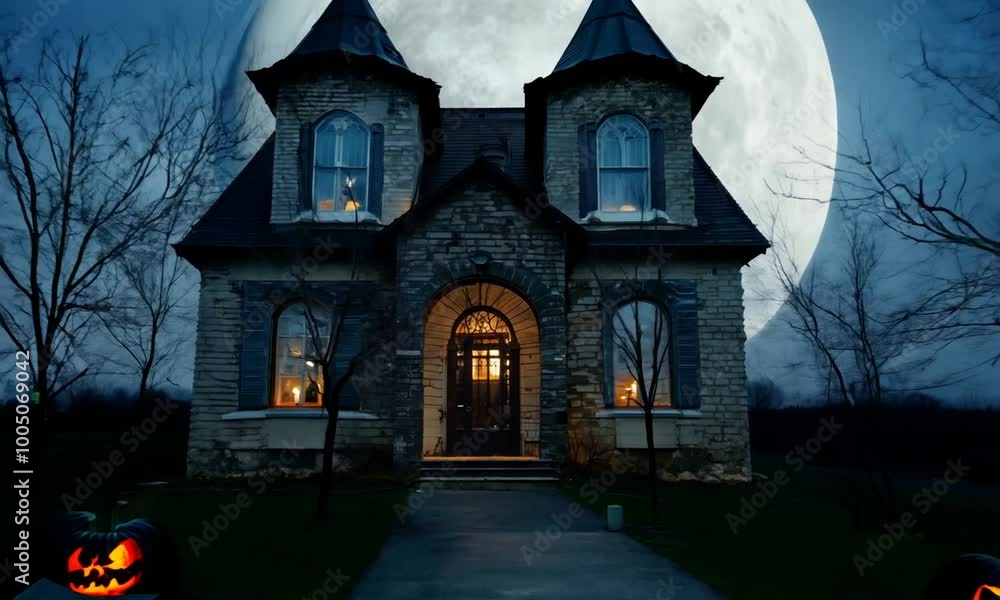 Poster house with a large moon in the background and a row of pumpkins in front of it. hyperrealistic video