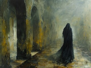 Mysterious Figure in a Gloomy Hallway: A Painting of Architecture and Shadow