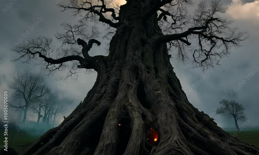 Poster tree with a hole in it and a fire inside. hyperrealistic video