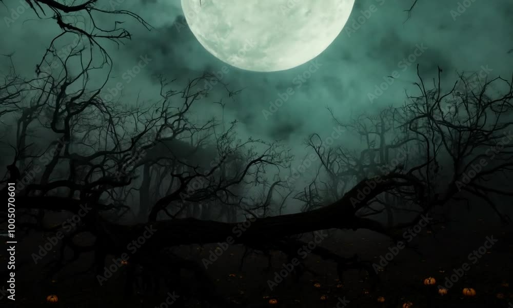 Aufkleber dark forest with a tree that has a bunch of pumpkins on it. hyperrealistic video