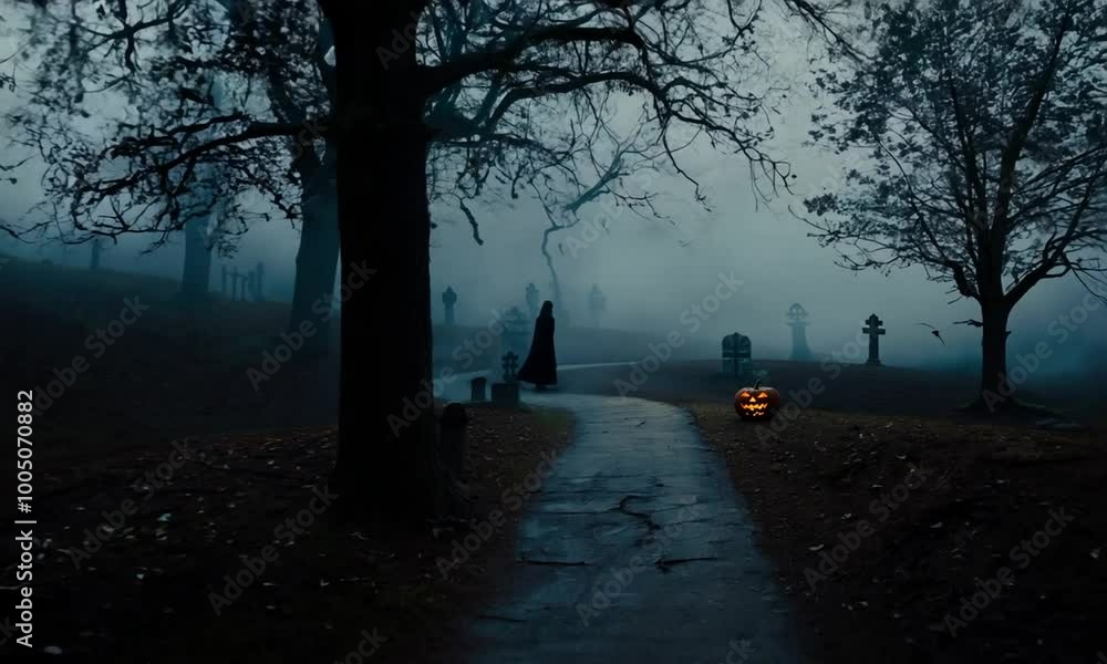 Poster path in a forest with three pumpkins on it. hyperrealistic video
