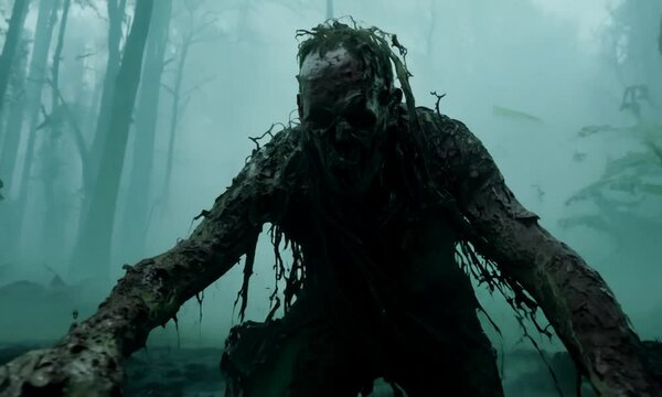 Man is standing in a muddy swamp with a large, scary face. hyperrealistic Video