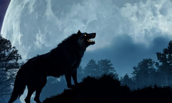 Large wolf is running through the woods, with a full moon in the background. hyperrealistic Video