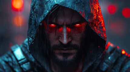 Man with glowing red eyes in a hooded cloak, Dark fantasy portrait concept