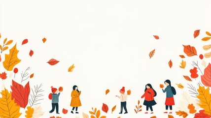 Fototapeta premium People gathering in autumn, surrounded by colorful falling leaves, white background.