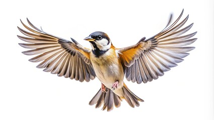 A small bird with a black and white head, a yellow breast, and tan wings is in mid-flight, its wings spread wide and its feathers catching the light.