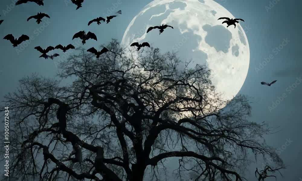 Poster tree with bats flying around it and a full moon in the background. hyperrealistic video