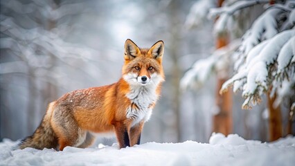 Obraz premium A red fox stands in a snowy forest with soft, wintery light casting a magical glow on its fur