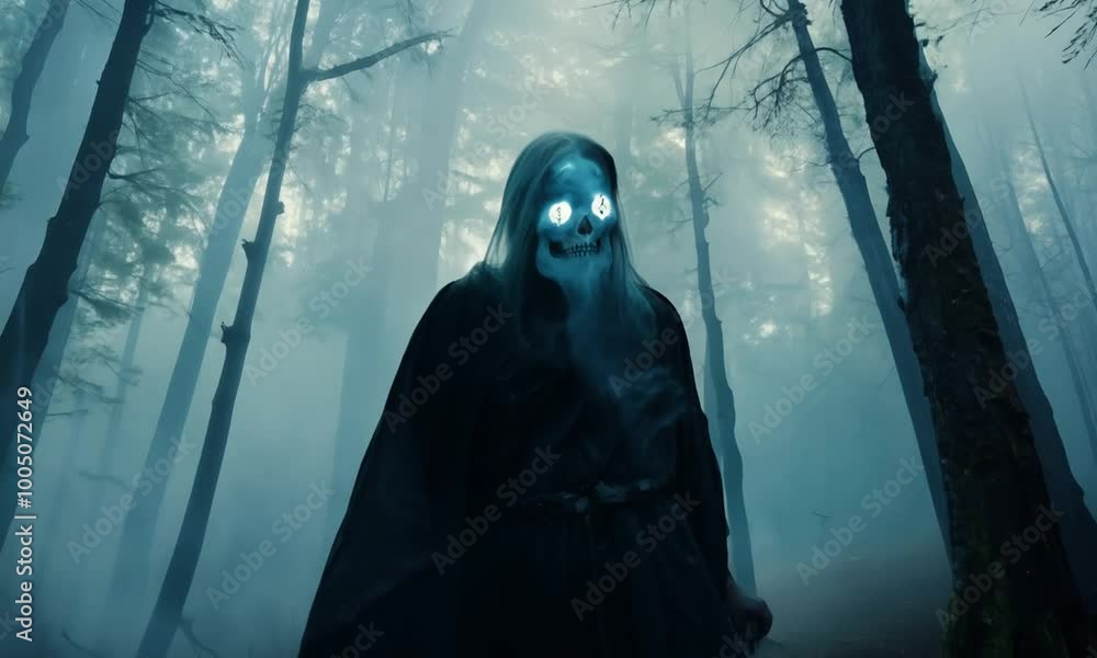 Aufkleber man in a robe stands in a forest with smoke surrounding him. hyperrealistic video