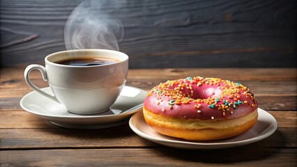 A steaming cup of coffee with a pink glazed donut and colorful sprinkles on a rustic wooden table