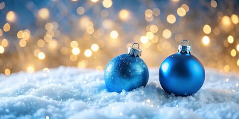 Sparkling Blue Christmas Ornaments Resting in a Bed of Snow, Illuminated by a Shimmering Background of Warm Lights