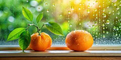 Two ripe oranges with green leaves resting on a windowsill, sunlight filtering through rain droplets on the window pane.