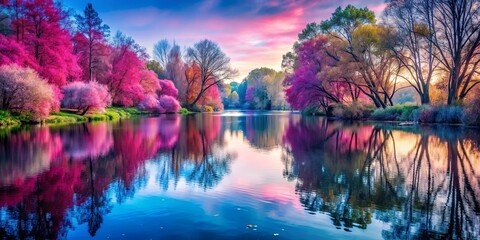 Vibrant Reflections of Trees and Sky in a Serene Still Water Lake