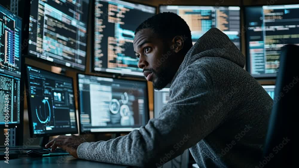 Poster a man sits in front of a computer screen, reviewing data on multiple monitors in a dimly lit office