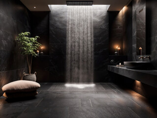 Chuveiro amplo em um banheiro elegante e minimalista. A atmosfera escura e intimista convida ao relaxamento e à introspecção, proporcionando uma experiência de spa em casa